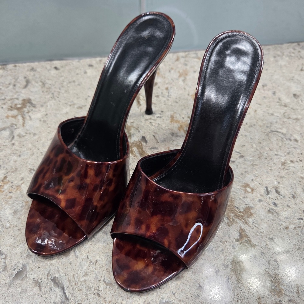 Saint Laurent Paris Tortoiseshell‎ Patent Leather High Heel Mules Size 40